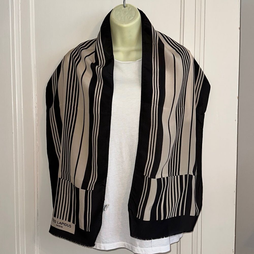 Vintage Ted Lapidus Paris silk black & tan striped long scarf‎